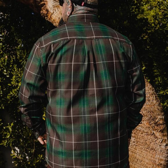 Dixxon Twin Palms Dancun Green Brown Plaid Flannel Long Sleeve Shirt - Picture 4 of 8